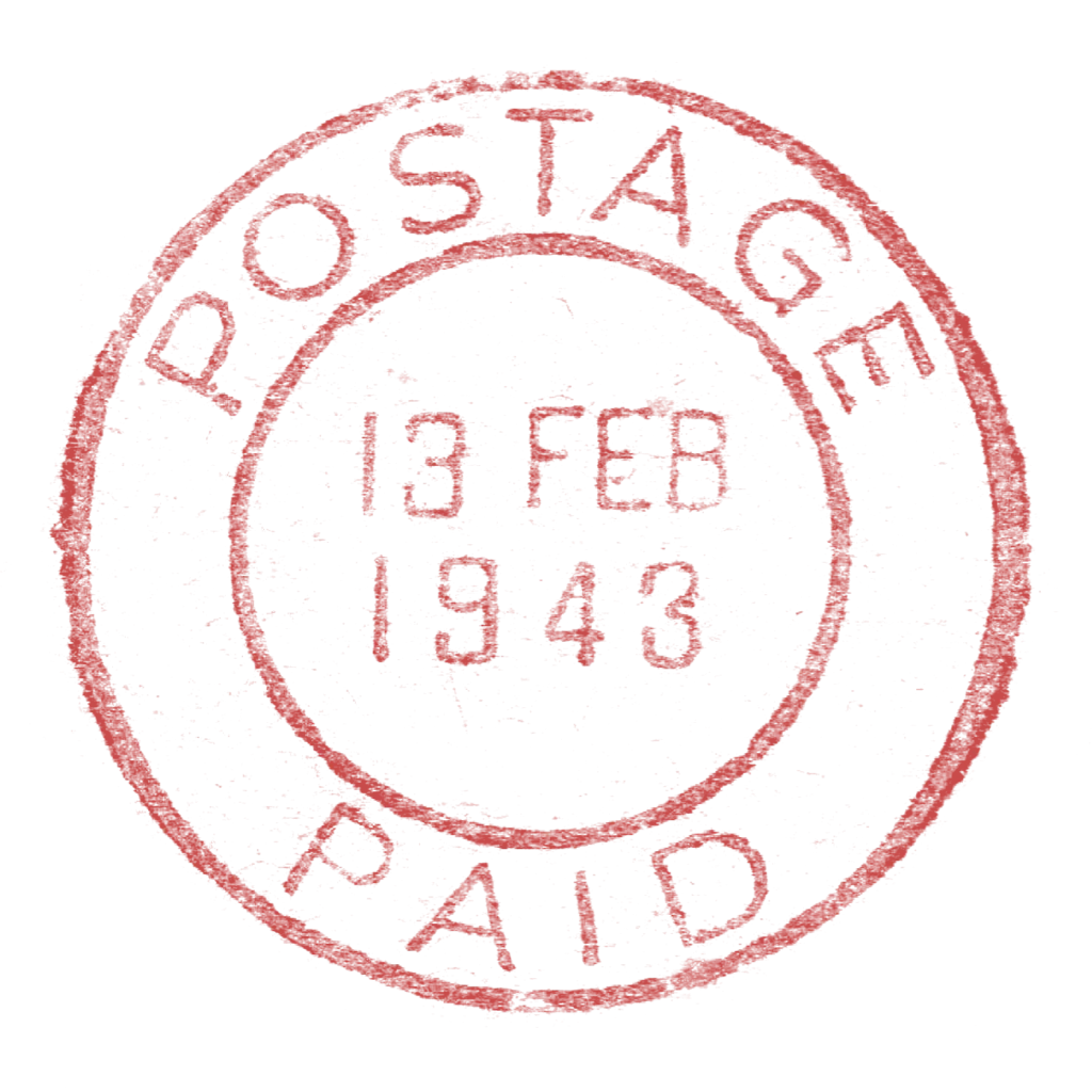 Postage paid stamp scan and edit showing date 13th Feb 1943 used in artwork by Gavin Stretch for Debris Discs