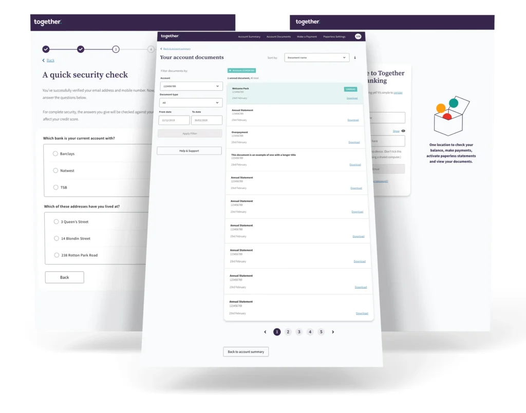 3 screens showing customer account security check, customer account documents and customer account login design by Gavin Stretch