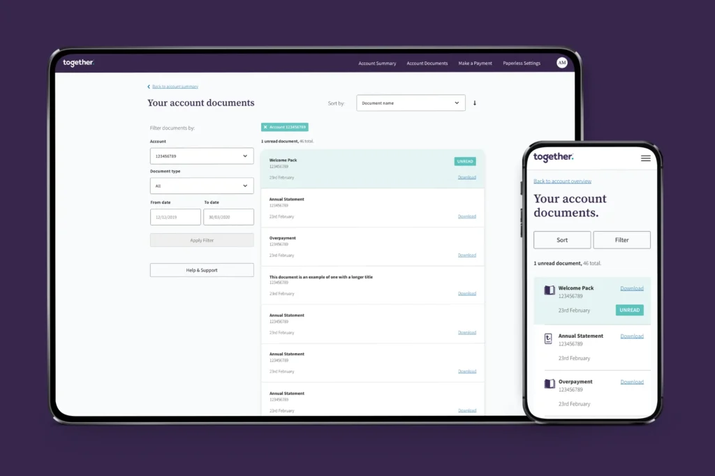 Tablet and mobile showing a customer account dashboard design by Gavin Stretch in responsive views