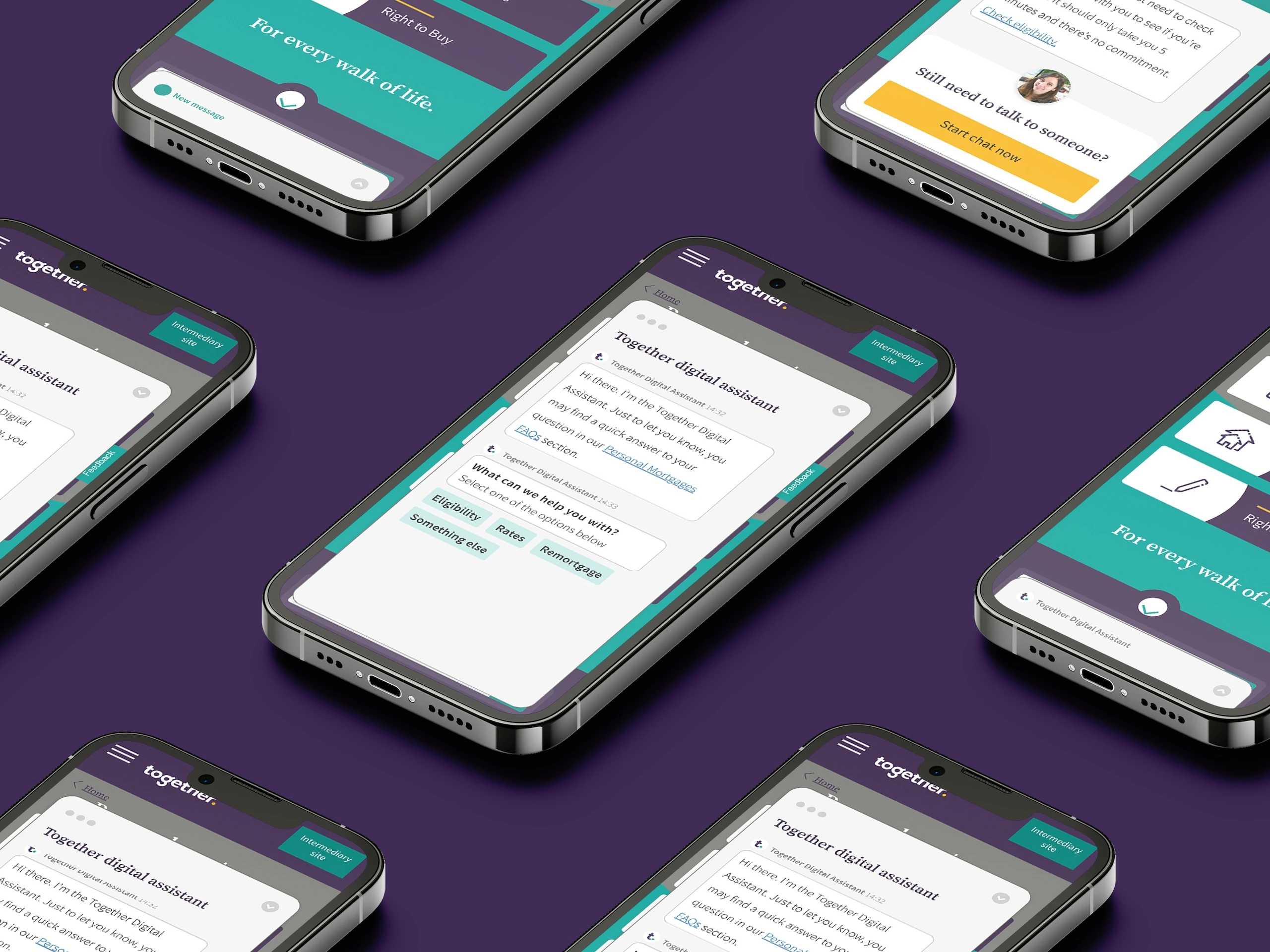 Multiple phones showing different screens of a live chat user interface and user flow design by Gavin Stretch
