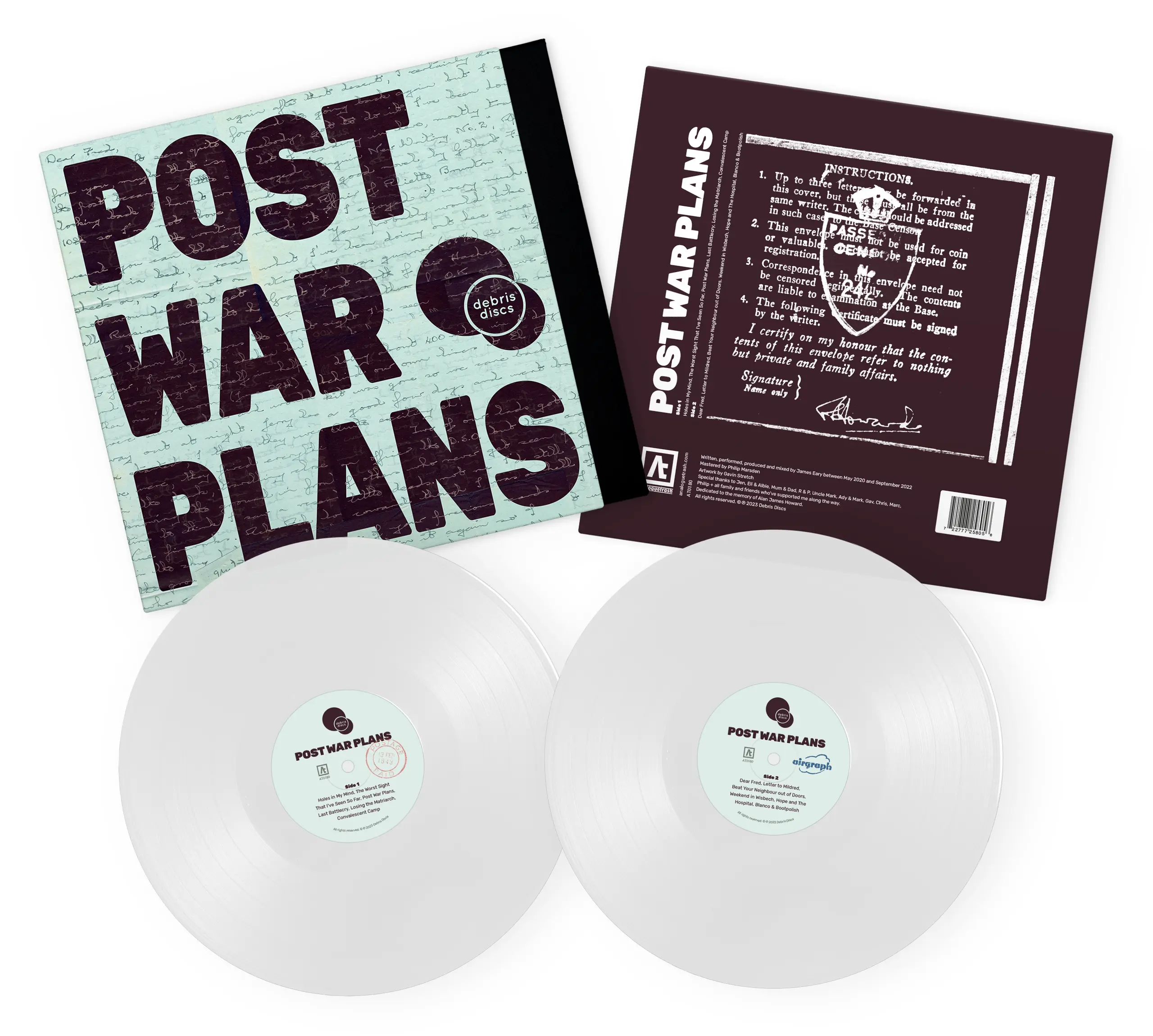 Two copies of Debris Disc's Post War Plans album laid out to show the front, rear and both sides of the vinyl