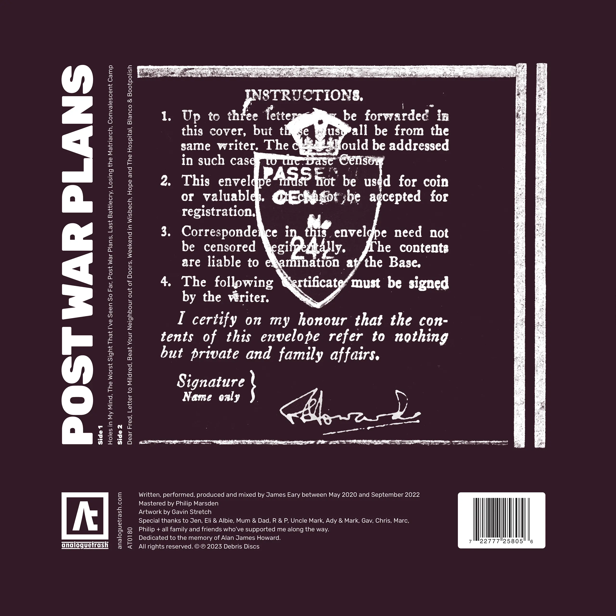 Post War Plans album artwork rear designed by Gavin Stretch