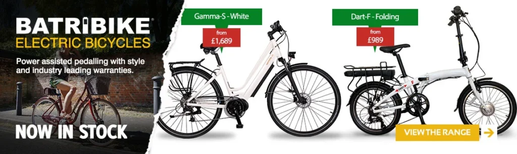 Batribike electric bicycles now in stock. Website banner design by Gavin Stretch of Mode=Create for cycle retailer featuring two Batribike models.