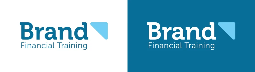 Brand Financial Training - New logo design by Gavin Stretch shown on white and second logo shown reversed out on brand blue.