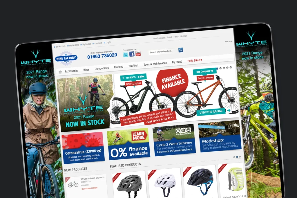 Cycle retailer's website homepage shown on a tablet. Digital content design by Gavin Stretch of Mode=Create