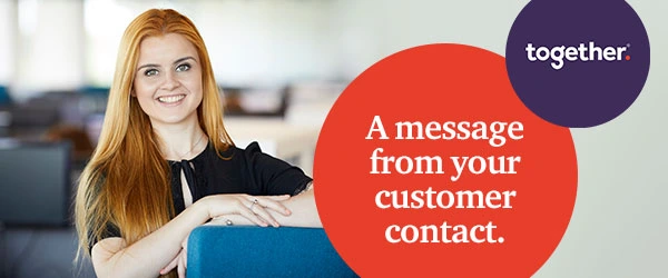 An email header image designed by Gavin Stretch of Mode=Create for a financial lender showing a female sales person and copy reading 'A message from your customer contact.'