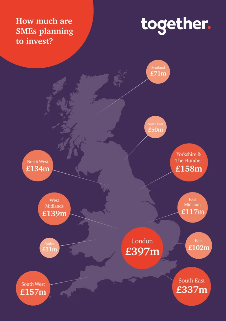 A simple infographic map designed by Gavin Stretch of Mode=Create. Title reads 'How much are SMEs planning to invest' and the graphic shows a map of the UK with dots showing figures for various regions.
