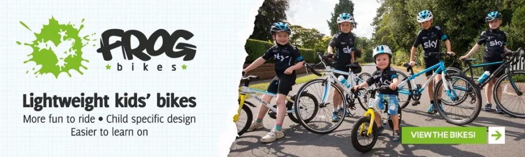 Frog lightweight kids bikes now in stock. Website banner design by Gavin Stretch of Mode=Create showing children on Frog bikes.
