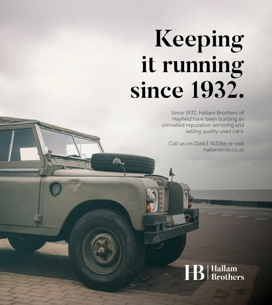 Example Hallam Brother advert by Gavin Stretch of Mode=Create - This advert shows an old Land Rover with the headline "Keeping it running since 1932."
