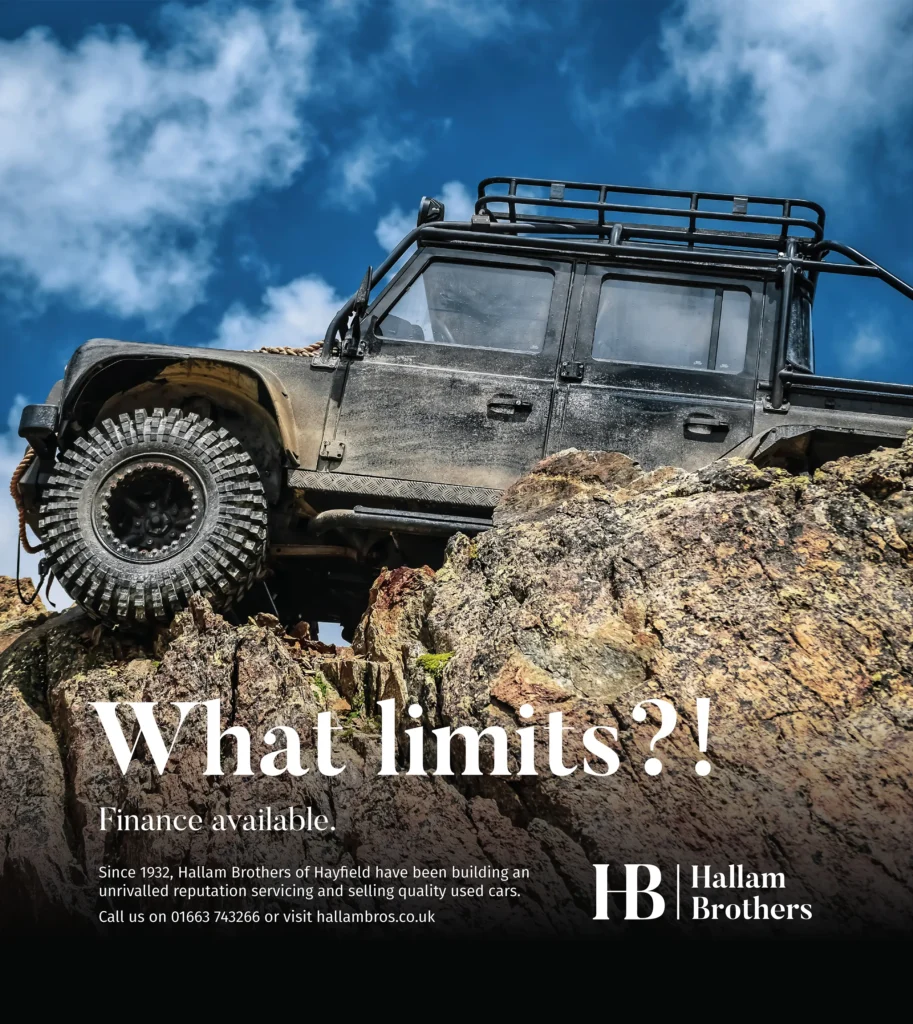Example Hallam Brother advert by Gavin Stretch of Mode=Create - This advert shows an black extreme off-road Land Rover traversing a cliff with the headline "What limits?!"
