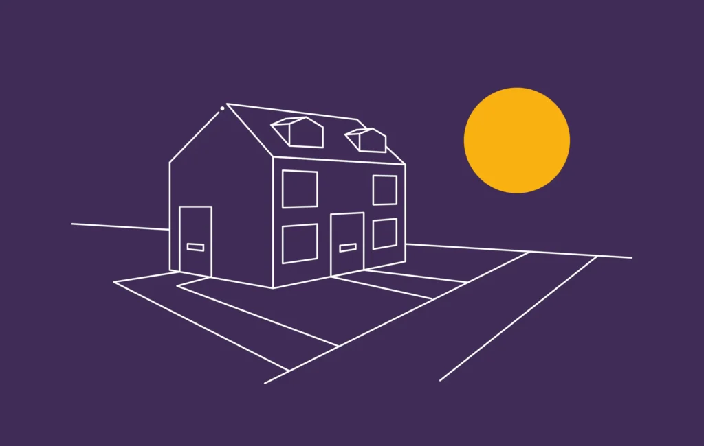 A stylistic line drawing of a house with a big sun in the sky designed by Gavin Stretch of Mode=Create.