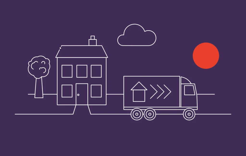 A stylistic line drawing of a removal truck and a house with a red sun in the sky alongside a cloud designed by Gavin Stretch of Mode=Create.