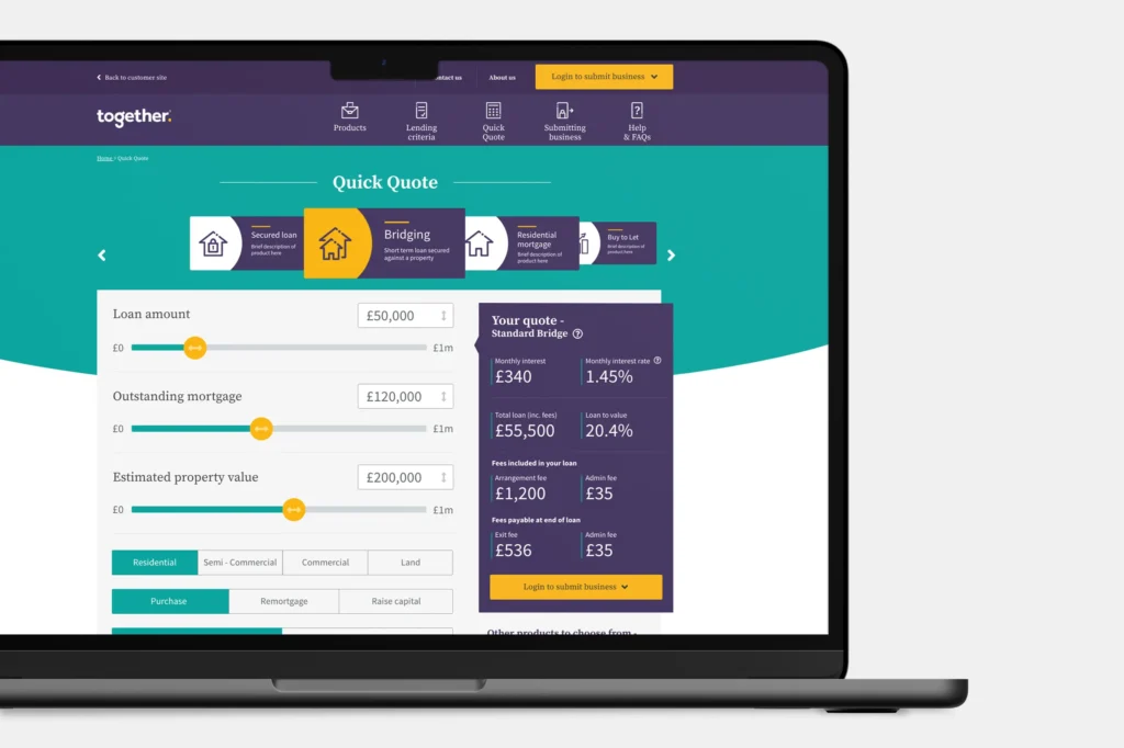 Finance quick quote calculator design by Gavin Stretch of Mode=Create presented on a laptop screen.