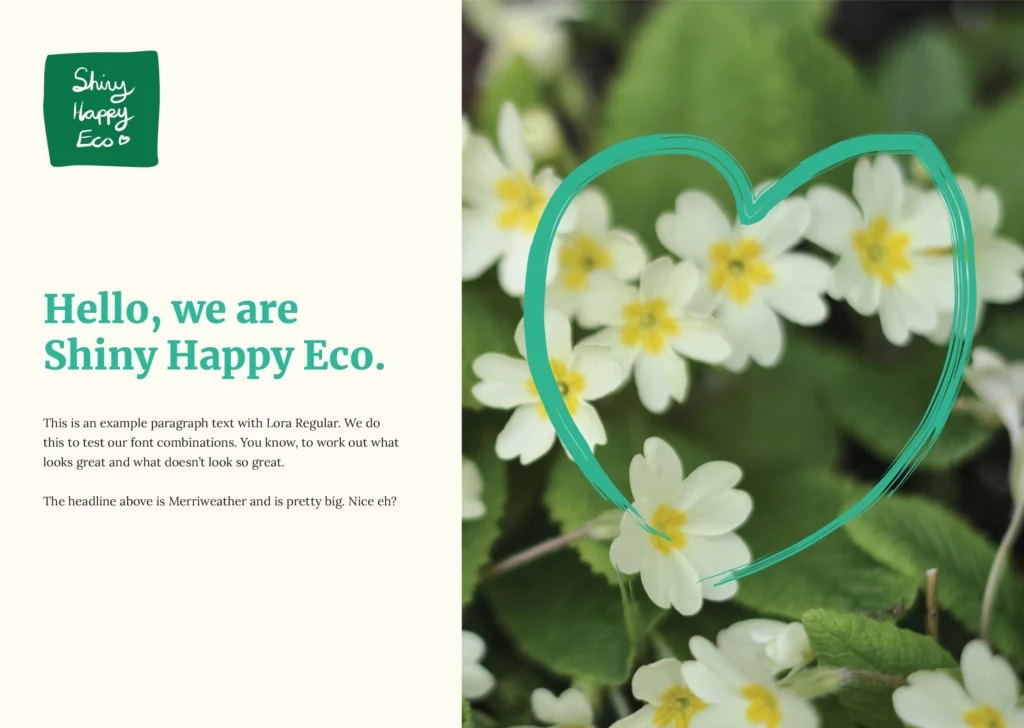 Shiny Happy Eco example print layout with example copy and imagery designed Gavin Stretch and intended to be used to lead future design by Shiny Happy Eco.