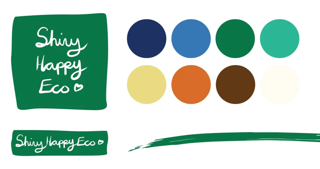 Shiny Happy Eco primary square logo and secondary horizontal logo shown with colour palate and paint brush swoosh designed by Gavin Stretch of Mode=Create
