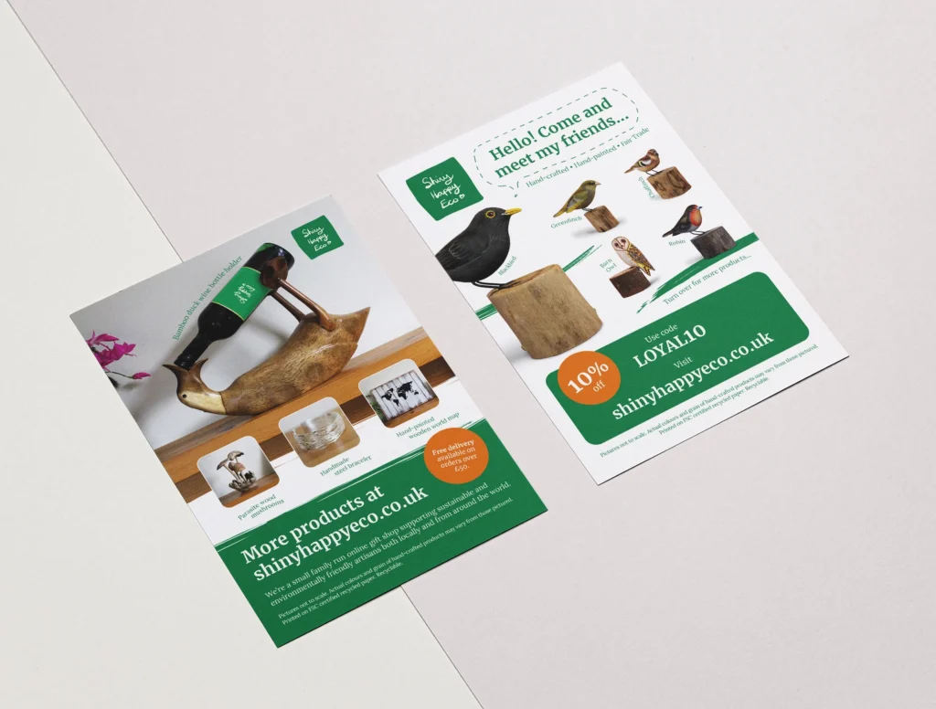 Front and rear of a Shiny Happy Eco promotional leaflet showing products and information as designed by Gavin Stretch.