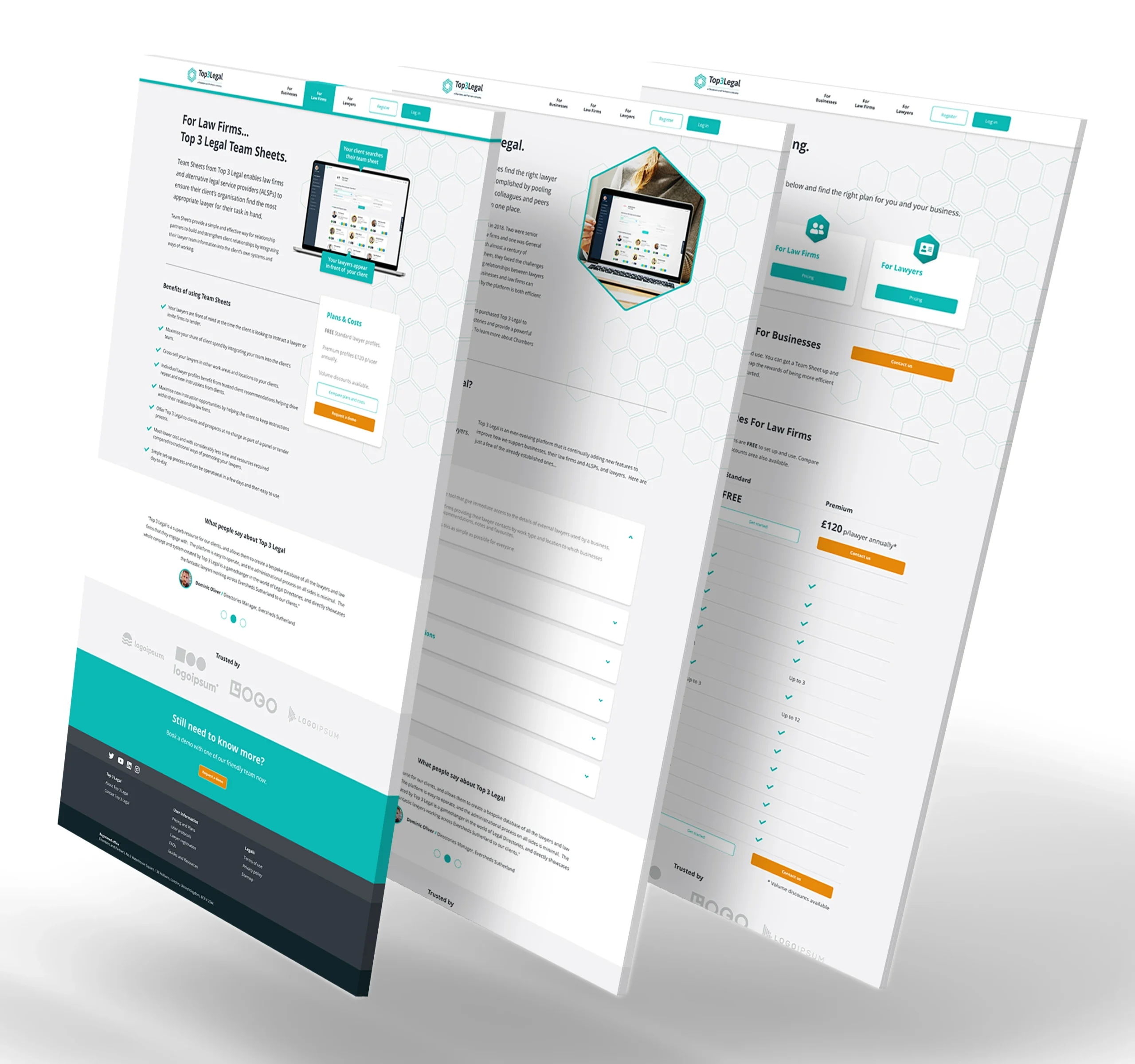 Three screen designs for 3 age designs on Top 3 Legal's new website design by Gavin Stretch of Mode=Create.