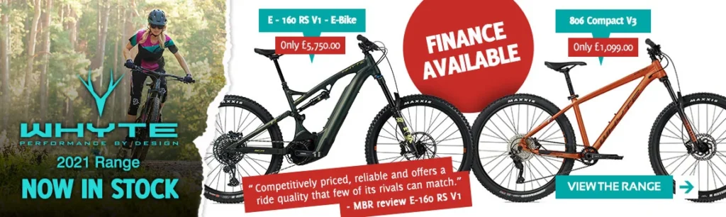 Whyte bikes now in stock website banner design by Gavin Stretch of Mode=Create. Shows a lady riding through the woods on a Whyte bike and 2 models of Whyte bikes for sales
